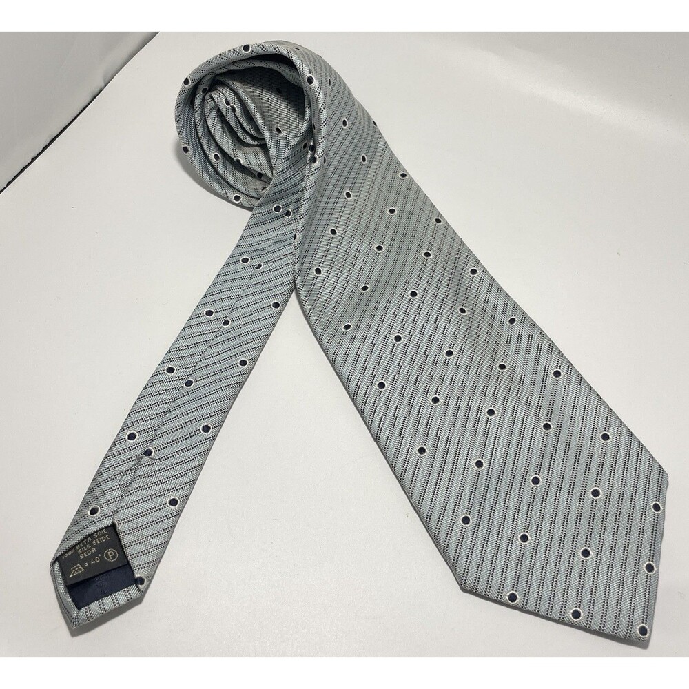 Ermenegildo Zegna 100% Silk Tie Grey Navy Polka Dot Geometric Diagonal Striped